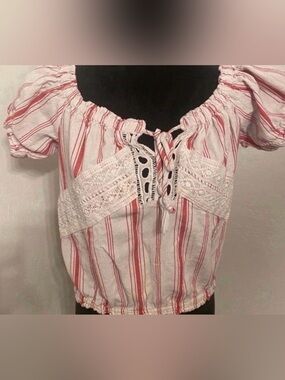 Women’s Short Sleeve Striped Pink Peasant Tie-Front Top (Size S)